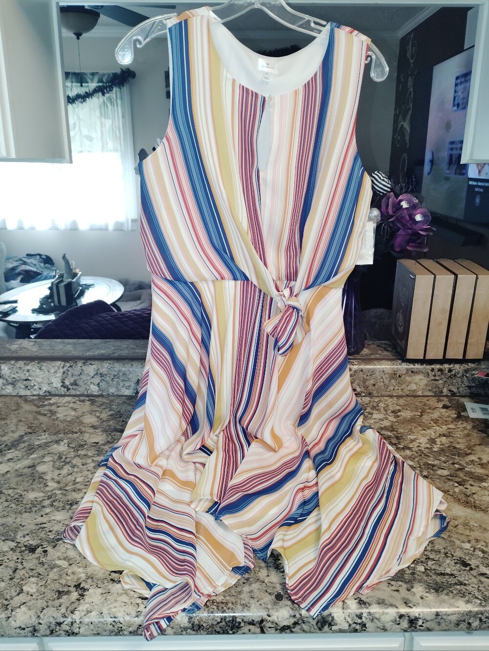 Nwt dressbarn Weekend  Striped Tie-Waist Dress in Blue, Yellow, Pink & Cream